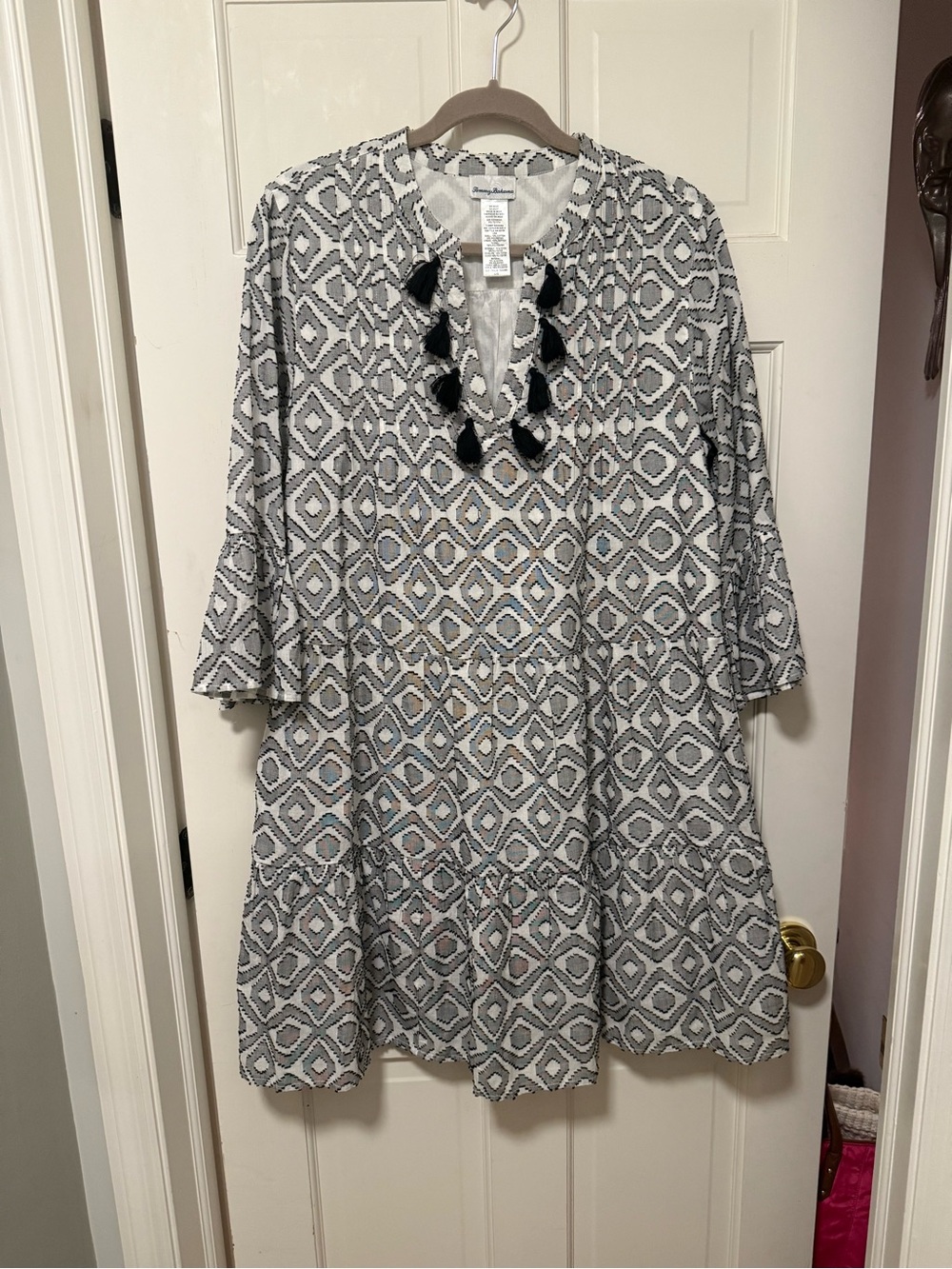 Tommy Bahama Black & White Geometric Tassel Tunic